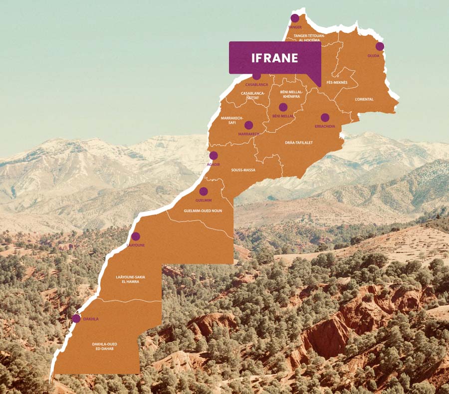 map showing the locations of Eco-Friendly Destinations in Morocco which is ifrane, higjlighting its position in the middle atlas mountains.